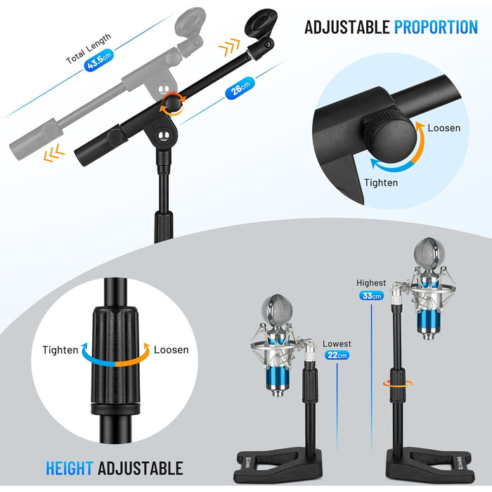 Настільний мікрофонний тримач CAHAYA 3 в 1: Регульований тримач з поворотним кріпленням 180° та кліпсою для мікрофона, підходить для конференцій, ігор та стрімінгу, CY0360 (A-подібна основа)