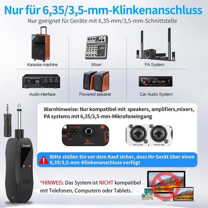 Aveek Караоке Мікрофон Бездротовий Набір, 2.4GHz, 6.35/3.5mm, З Перезаряджаємим Приймачем, Для Караоке, Вечірок, DJ (1 шт.)