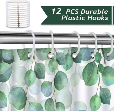 Шторка для душу Bonhause з евкаліптом, зелені листки, 180x180 см, поліестер, антигрибок, водонепроникна, з 12 гачками