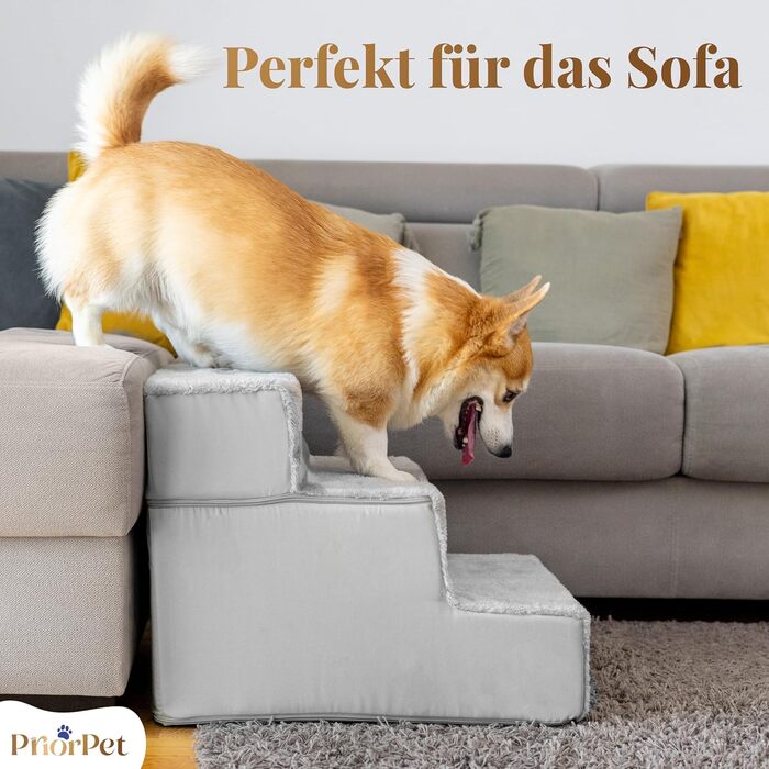 Сходинки для собак на ліжко та диван - 4 сходинки, 58 см заввишки - з пінопласту для маленьких собак - безпечні та стійкі - знімний, пральний чохол - світло-сірий