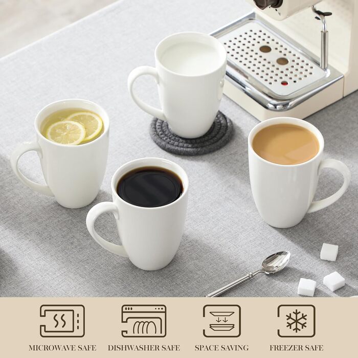 MALACASA Coffee Mugs Set of 6, Porcelain 560ML Mug Set, Large Modern Coffee Cups with Handle for Tea, Juice, Latte, Cappuccino, Hot Chocolate. Dishwasher and microwave safe, REG White Series