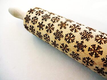 Snowflake Rolling Pin with Pattern Christmas Baking - Dough Roller Wood for DIY Christmas Cookies and Ceramics - Engraved Cookie Roller with Motif - 3D Cookie Roller by Algis Crafts