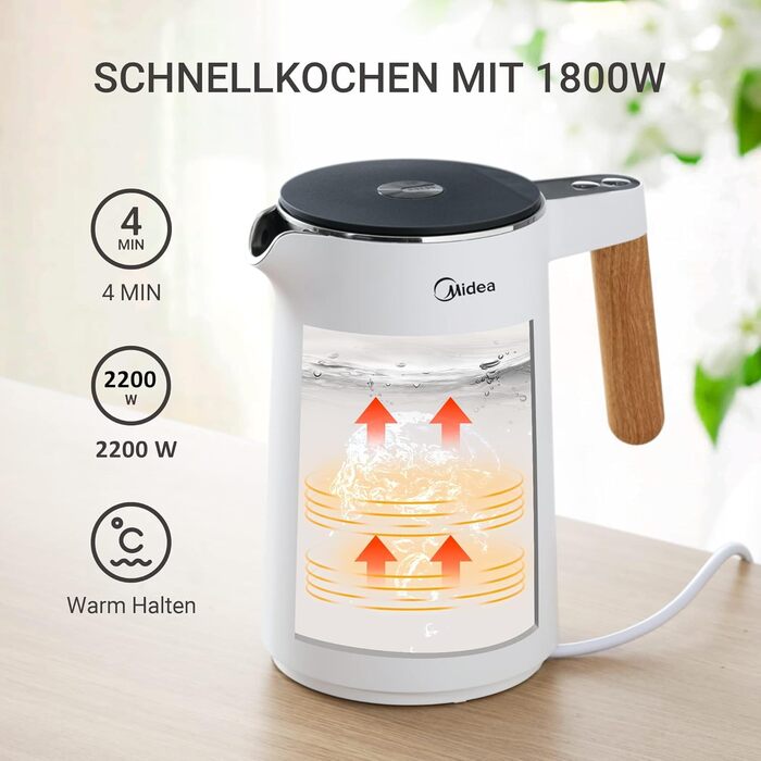 Midea 1.7L Electric Kettle - BPA Free, Rapid Boil, LED Display, 360° Swivel Base, Dry Boil Protection - MKE17M1ADS (Matte White)