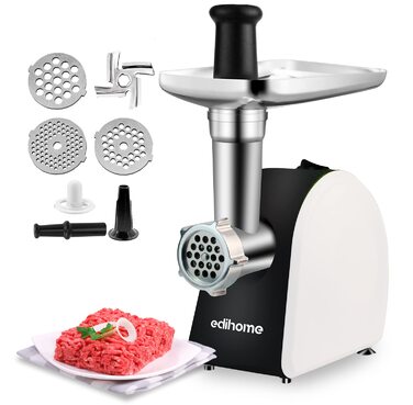 М'ясорубка електрична Edihome з насадкою для ковбас, багатофункціональна, 3 диски для подрібнення (чорно-біла)