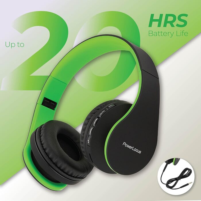 PowerLocus Bluetooth навушники Over-Ear, бездротові, Hi-Fi Stereo, складні, з мікрофоном, з м'якими амбушюрами, Micro SD/TF, FM радіо для iPhone/Android/Tablet/Laptop (Чорний/Зелений)