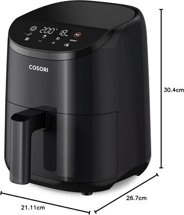 COSORI Air Fryer Small, 4-in-1 Mini Air Fryer 2L, fast and easy cooking with 48dB, 30 recipes, 97% less fat, energy-saving, dishwasher-safe, 1-2 people Dark Black Mini