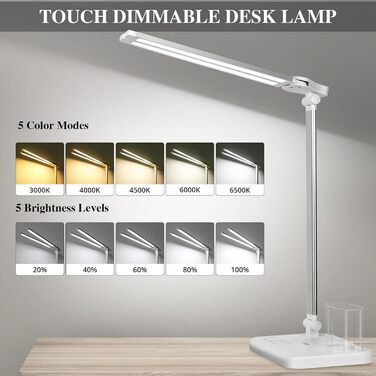 iVict LED лампа для столу з двома шарнірними руками, сенсорне керування, 5 режимів, таймер, USB-порт, пам'ять, для дітей, біла