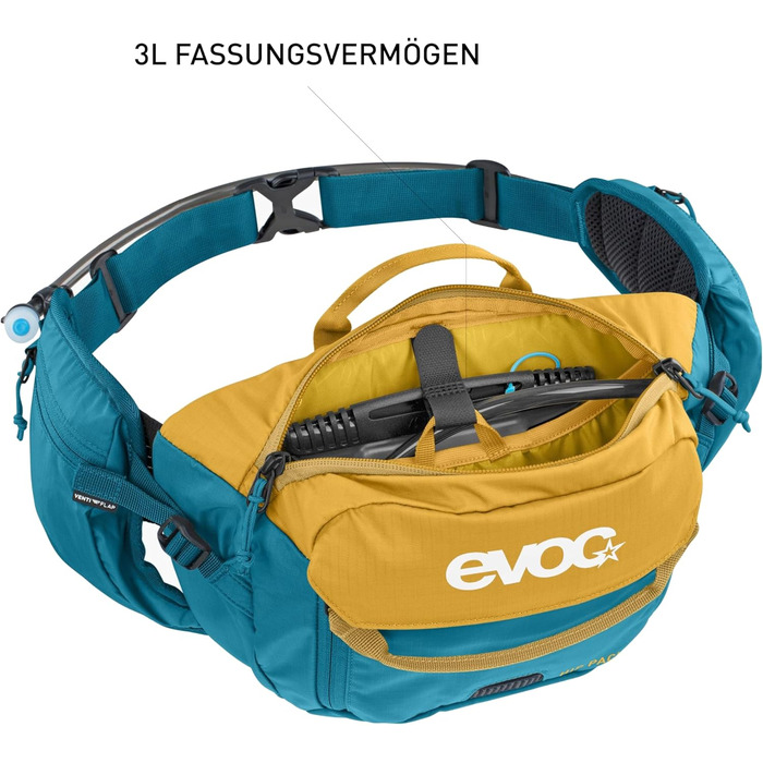 EVOC HIP Pack 3л - нагрудна сумка, поясна сумка, нагрудний жилет (3л об'єм, система Airflow Contact, регульований поясний ремінь, система Venti Flap, без питної бульбашки) (Колір: Глина Жовтий / Океан)