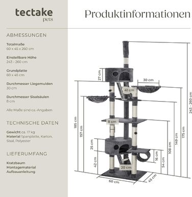 Тектейк (Tectake) Дектейк для котів, великий (XXL), високий, регульований (243-260 см), з драбиною, печерою, трубою, лежаком та сизалевою колоною - сірий (401641)