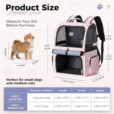 Подвійний рюкзак для котів на 2 котів, великий транспортний рюкзак для домашніх тварин, складаний рюкзак для котів та собак до 11 кг (рожевий)