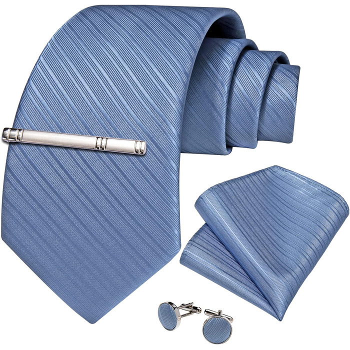 Набір краваток DiBanGu: краватка, нагрудна хустинка, запонки та затискач для краватки. Шовкова краватка в смужку (оливковий/чорний, блакитний/смугастий) для весілля, ділових зустрічей та офіційних заходів. Подарунок для чоловіка.
