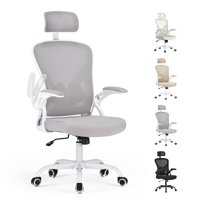 Ергономічне крісло Farini з підлокітниками для офісу та дому, з роликами та підголівником (сірий/білий)