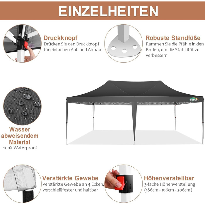 COBIZI Pavilion 3x3 Waterproof, Stable, Winter-Proof Party Tent 3x3 with 4 Side Walls Pop-Up Folding Pavilion UV Protection 50+ Garden Pavilion with Handbag, 8X Pegs and 4X Wind Rope, (Black, 3x6 m)