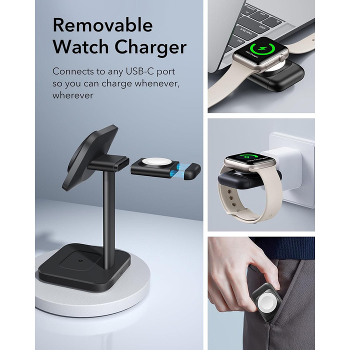 Зарядний станція 3-в-1 ESR MagSafe для Apple Watch та iPhone, білий/чорний, сумісна з iPhone 17/16/15/14/13/12, Apple Watch 9/8/7/6/5/4/3/2/SE та AirPods 4/3/2/Pro
