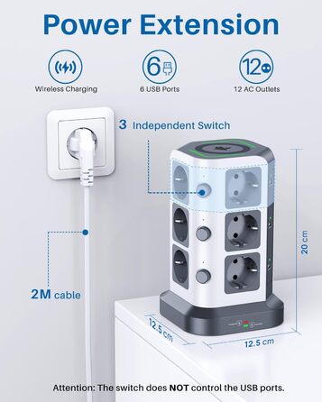Многорозетка Koosla з USB-C, 12 розеток, захист від перенапруги 1500 Дж, індивідуальне вмикання, 5 м кабель, сіра (бездротовий заряд 30 Вт)
