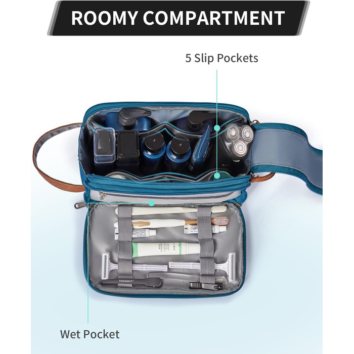 Чоловіча дорожня косметичка Ecohub, водонепроникна, з відділенням для мокрого одягу, з ремінцями, з перероблених матеріалів, з двома блискавками (синьо-зелена)