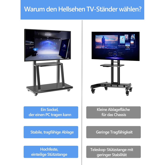 Мобільна тумба під телевізор Hellsehen на колесах, регульована висота, для LCD/LED/OLED 32-75 дюймів, підлогова стійка для смартборду