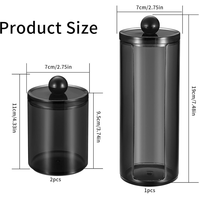 Організатор для косметики Gomoeny: 3 тримачі для ватних паличок, чорні аптекарські склянки для ванної кімнати, для ватних паличок, круглі ватні диски, вати, спонжів для макіяжу, пінцетів (B)