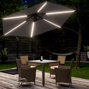 Kingsleeve® Canopy Umbrella LED Lighting UV Protection 80+ Solar Stand Protective Cover 350cm Large Crank Balcony Terrace Garden Umbrella Parasol