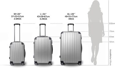 Hippo Carry-on Luggage Suitcase Travel Suitcase with Wheels Trolley Carry-on Trolley Rolling Suitcase Security Lock Airline-compatible Carry-on 4 Wheels ( :37 * 23 * 57c) (Set, Silver)