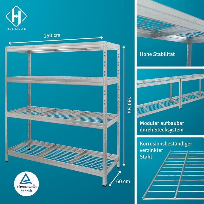 Вуличний металевий стелаж для важких вантажів, 1500 кг, 180x90x45 см, 5 полиць, оцинкований, TÜV, тип L
