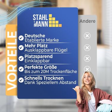 Сушарка для білизни розкладна STAHLMANN® 20м² чорна, з прищіпками для дрібної білизни - Made in EU