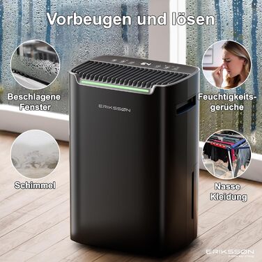 Зволожувач повітря Erikssøn з LED-дисплеєм, таймером та захистом для дітей | видаляє 20 л вологи на добу | для приміщень до 175 м³ | енергоефективний, з датчиком вологості, чорний