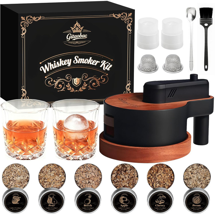 Набір для копчення віскі зі вбудованим запальничкою, 6 видів тирси, 2 склянки, 2 форми для льоду, набір для димчастого коктейлю, подарунок на Різдво та день народження для чоловіків, батька, чоловіка (БЕЗ бутану) (коричневий)