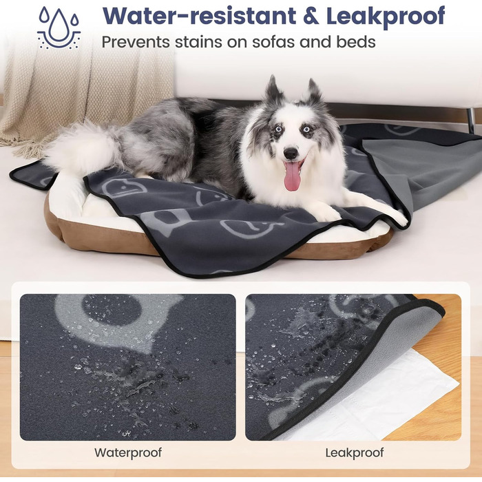 Водонепроникний килимок для собак, 152x127 см, плюшевий фланель та шерпа, для середніх та великих собак, машинне прання - Чорний (152x127 см, Сірий)