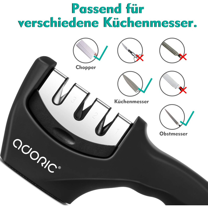 Точилка для ножів Adoric з 3 ступенями, вольфрамовий сталь, діамант, кераміка, чорна