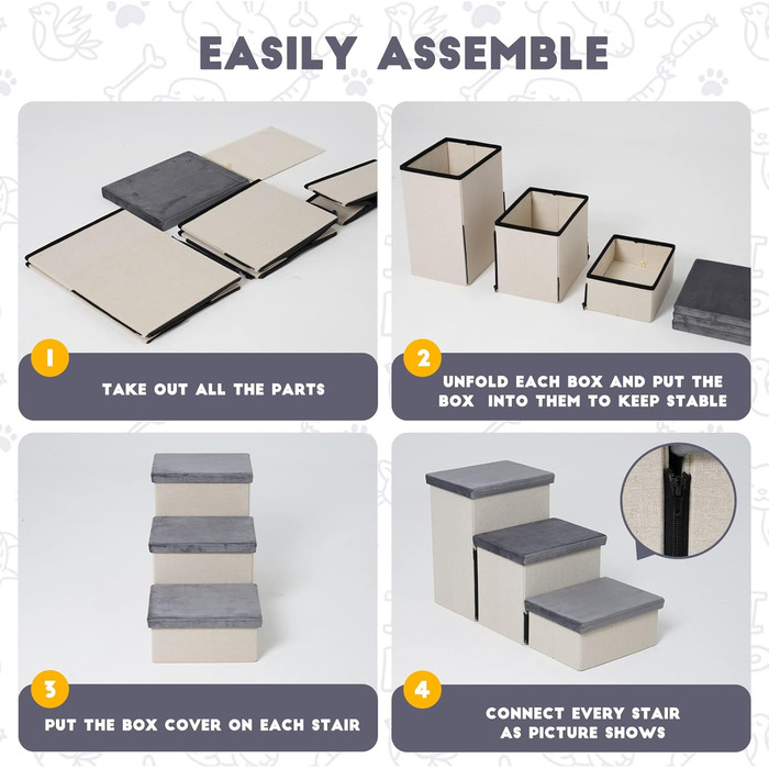 HOMCENT 3-Step Pet Stairs for Dogs and Cats, Foldable Dog Stairs with Ample Storage Space, also Suitable as a Cat Stair, 74x33x44CM