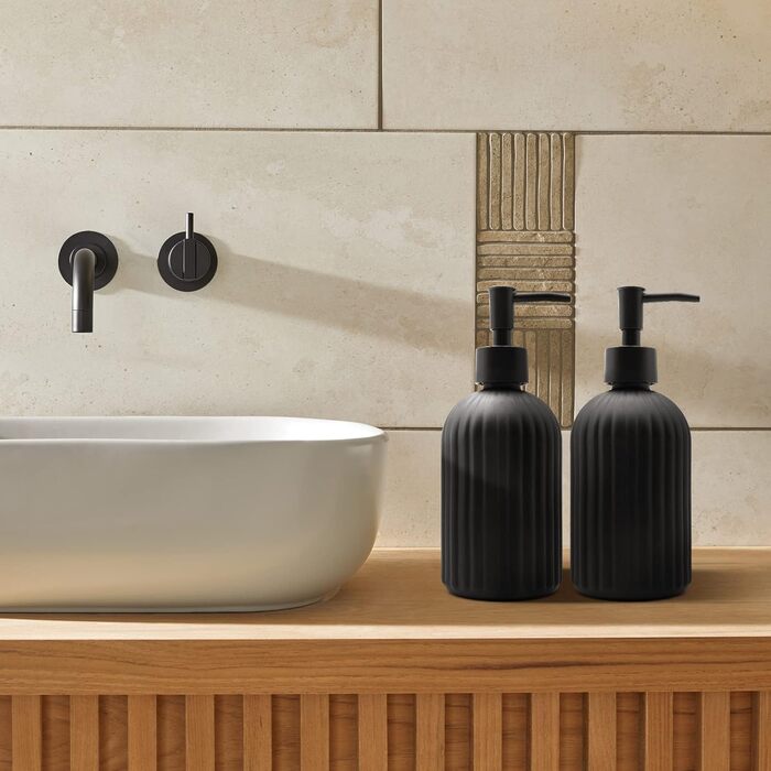 Набір з 2 скляних дозаторів для мила з помпою, 400 мл, для мила, шампуню, лосьйону, багаторазові, для кухні, ванної, пральні (чорний)