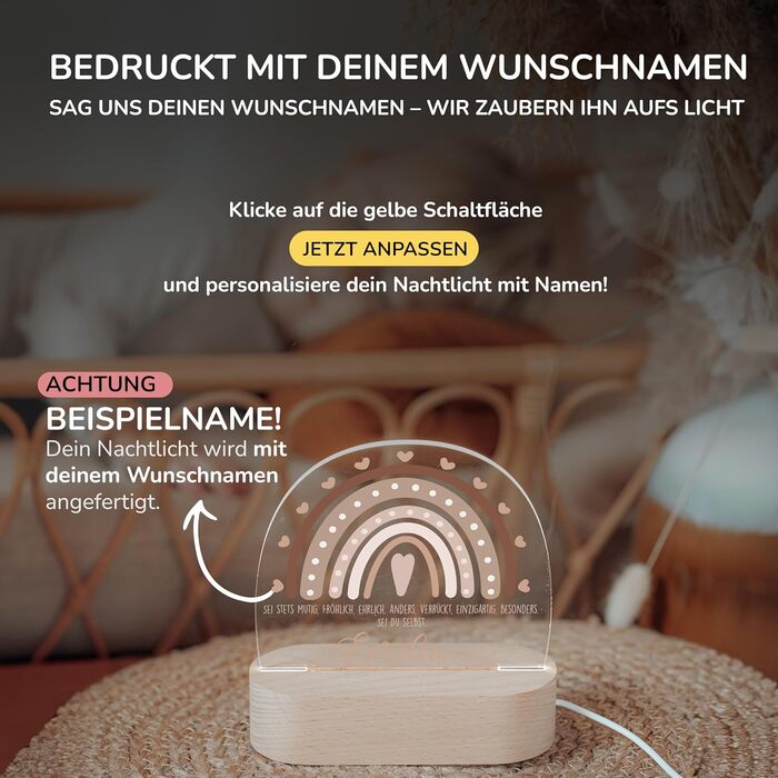 Night light for children with desired name, personalized night lamp dimmable - With cute animal motif as personalized gifts for children for baptism, birth, Easter & baby gifts (rainbow heart brown)
