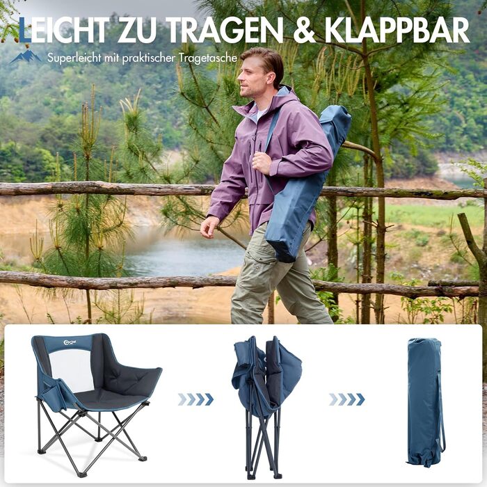 Крісло для кемпінгу складне, XXL, з підлокітниками, 150 кг, блакитне