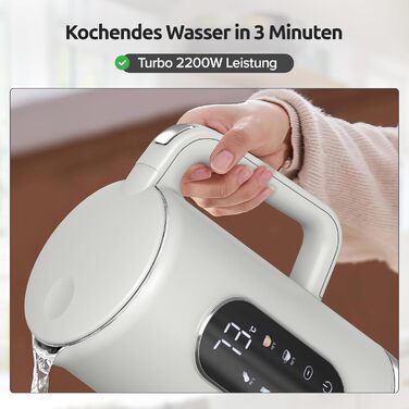 Електричний чайник Olvy 1.7L з регулюванням температури – Швидкий, з нержавіючої сталі, 2200W, з функцією підтримання тепла, подвійні стінки (Білий)