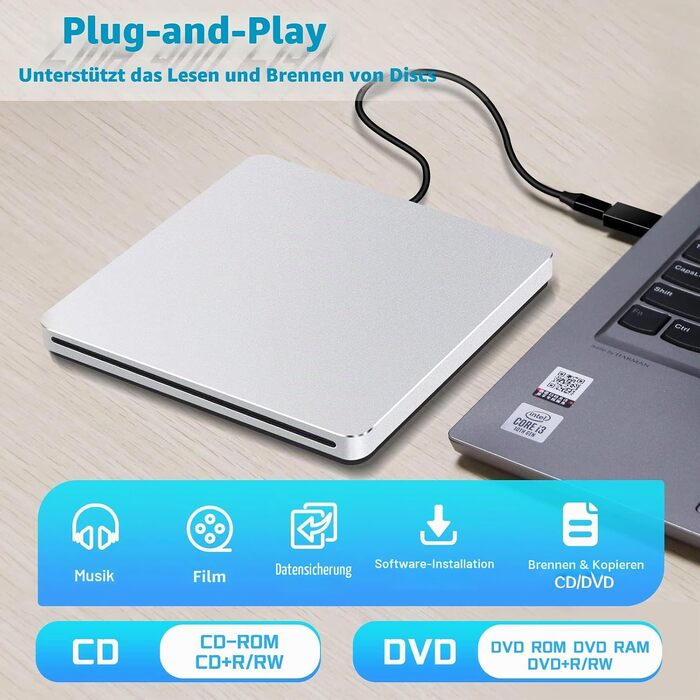 Зовнішній DVD-накопичувач для ноутбука: Портативний USB CD/DVD привід та записувач для Mac, MacBook, PC, Windows (Сріблястий)