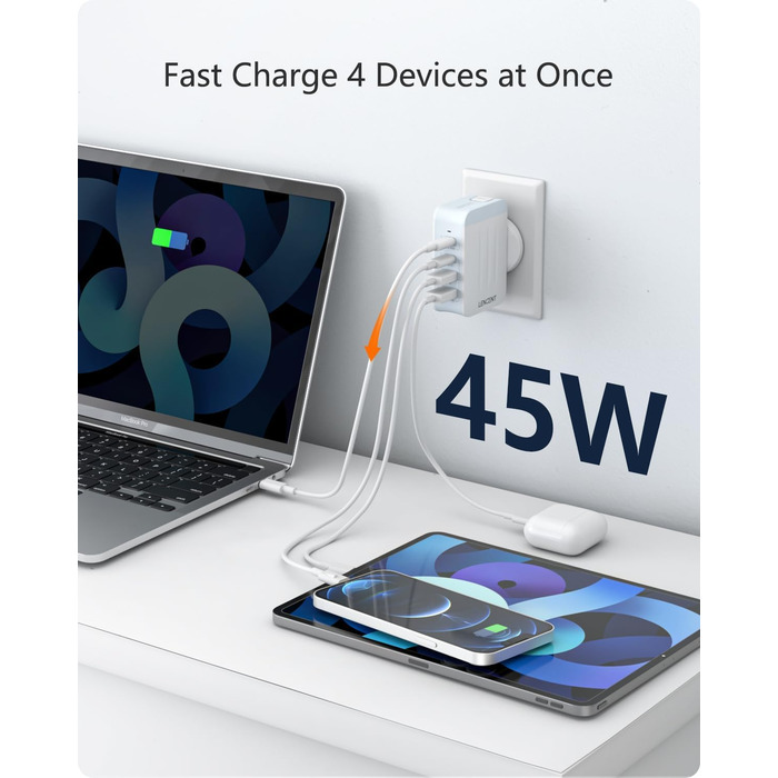 Універсальний адаптер LENCENT з USB зарядкою 45W, 4 порти (2x USB-A, 2x USB-C) - EU/US/UK/AU