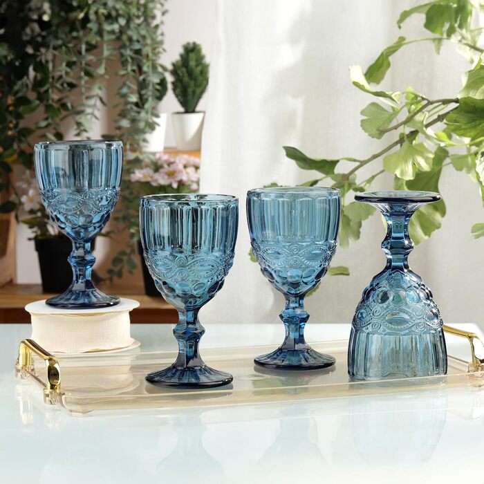 Joeyan Blau Vintage Wine Glasses with Embossed Design, Colored Relief Red Wine Glasses White Wine Glasses, Drinking Glasses, Goblet Glasses, Wine Goblet for Wine Juice Drinks, 300 ml, Set of 4, Dishwasher Safe