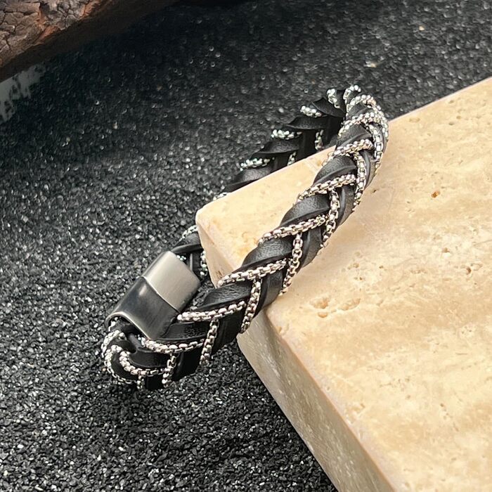 Чоловічий шкіряний браслет Casisto.J з нержавіючої сталі, плетіння, гравіювання, скандинавський стиль, чорний/сріблястий/золотий, з магнітною застібкою, у подарунковій коробці