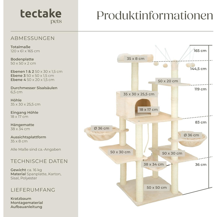 Тектейк® Крізьоверх XXL для котів, великий, з аксесуарами: лежанки, гамак, будиночок, іграшки, мотузка з сизалю, ствол для дряпання, котячий комплекс, котячий дряпкач, висота приблизно 165 см - сірий (Бежевий | № 402932)