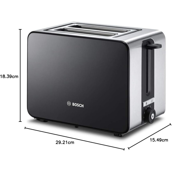 Bosch Compact Toaster ComfortLine TAT7203, integrated stainless steel bagel attachment, with automatic shut-off, with defrost function, perfect for 2 slices of toast, 1050 W, stainless steel/black Single