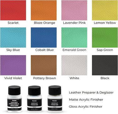 Funto Acrylic Leather Paint Set 12 Colors with Leather Cleaner, 2 Acrylic Gloss Lacquers, 5 Nylon Brushes, a Round Sponge, and 36 Alphanumeric Stickers. Perfect DIY set for shoes, jackets