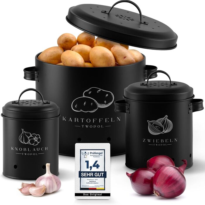 Potato Storage Boxes [3-Piece Set] - with 360° air circulation keeps vegetables fresher for longer - the ideal way to store onions, potatoes, and garlic (Black)(Vienna)