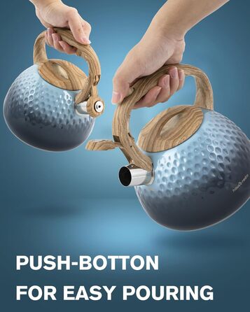 Чайник для заварювання чаю Teekessel 2,7 л з емальованим покриттям, зелений колір з імітацією дерева, з носиком-свистком, з нержавіючої сталі, антипригарне покриття, зручна ручка оливкового кольору з переходом у блакитний