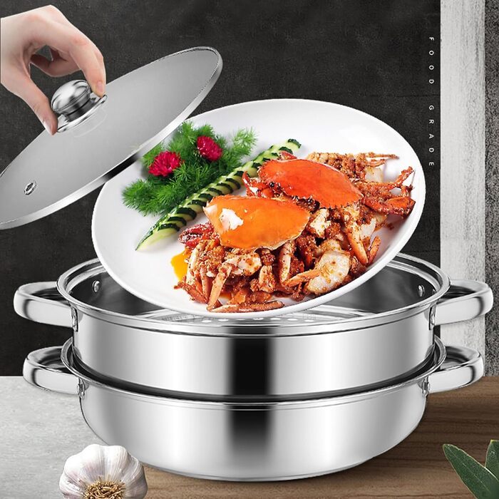 Пароварка ZENFUN 2.1L з вставкою, набір з 2 рівнів, нержавіюча сталь, кришка з термостійкого скла, для приготування їжі, подвійні ручки, 28 см