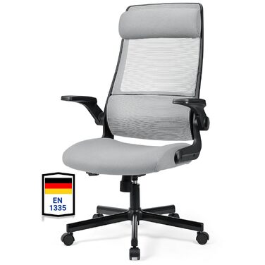 Ергономічне крісло для офісу з регульованою підголовником, сітчасте крісло для робочого столу, відкидні підлокітники, широке сидіння, функція гойдання, комп'ютерне крісло EN 1335, офісне крісло 200 кг, сіре та чорне