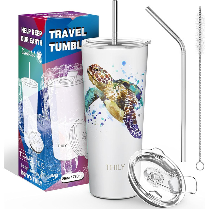 Термос THILY 780 мл з нержавіючої сталі, 2 шт. (Золотий мармур + Синій мармур) – ізольований, з кришкою, для кави та напоїв