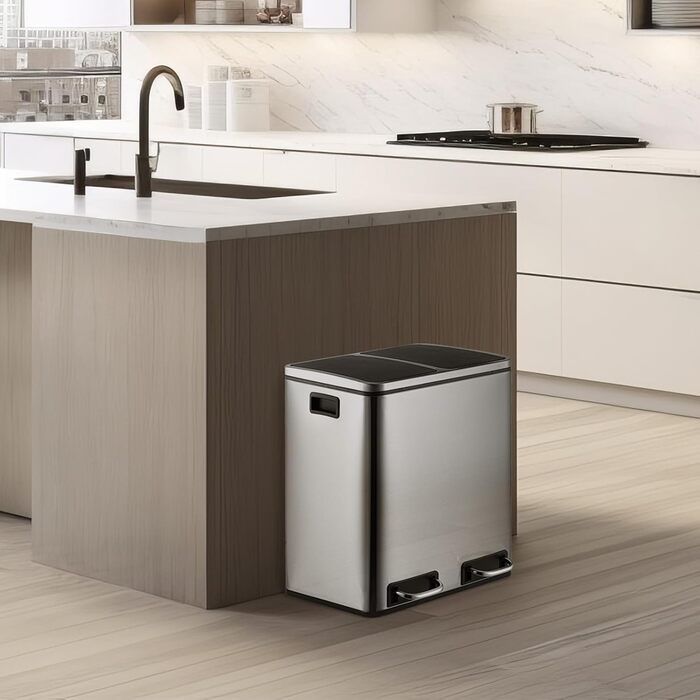 Відро для сміття LIFERUN з двома відсіками, 2 x 15 літрів, з нержавіючої сталі, м'яке закриття кришки, знімний внутрішній відро, ручки, відро для сміття з педаллю, для квартири, маленької сім'ї, сріблястого кольору