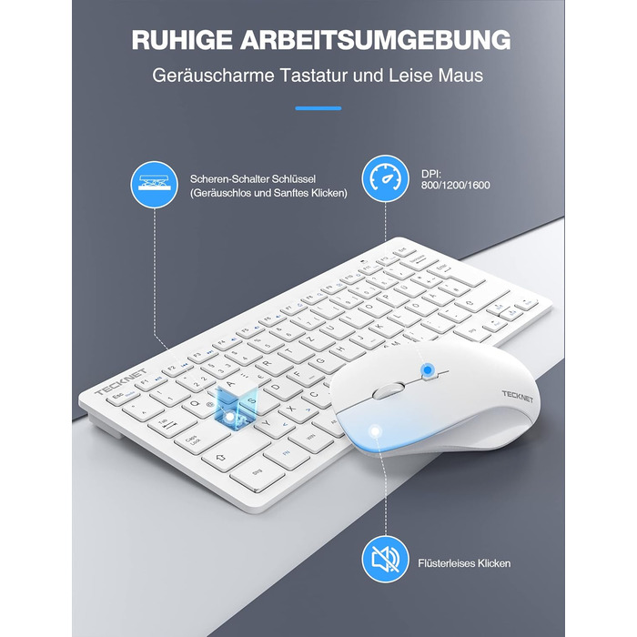 TECKNET Бездротовий комплект клавіатури та миші, QWERTZ, 2.4 GHz, 15м, тиха клавіатура та миша для ПК, ноутбука, Smart TV, білий