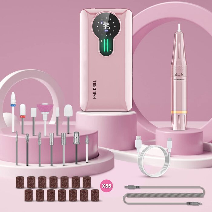 Професійний фрезер для нігтів ENGERWALL 35000 об/хв, акумулятор 20 годин, електрична фрезер для акрилу та гелю, бездротове манікюрне набір з 7 насадками, темно-сріблястий (Pro)